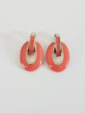 Vintage Signed HMN Mod Gold-Tone Coral Enamel Hinged Oval Drop Clip On Earrings
